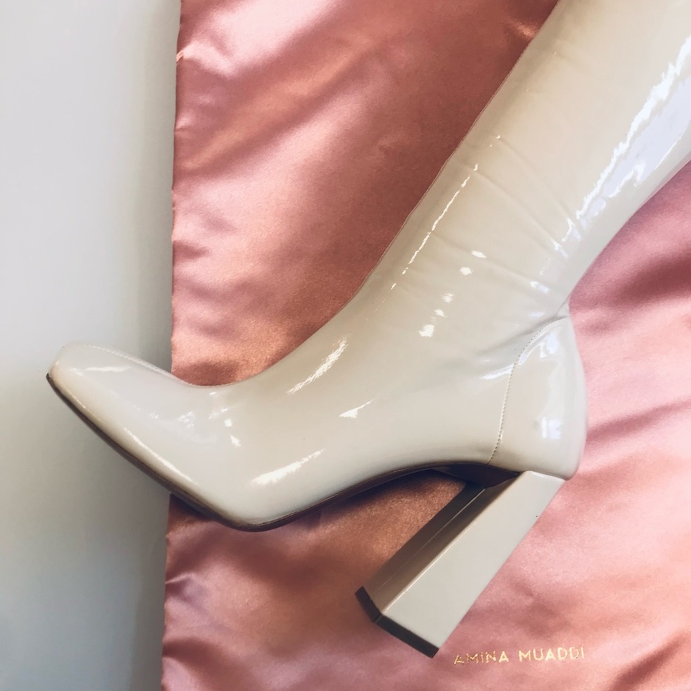 Amina Muaddi Thigh high Glossy Cream Heeled Boots